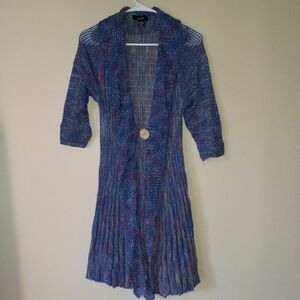 Sky-Blue/Multicolor Mesh-Knit Tunic Cardigan with Wood-Button Detail Women's S